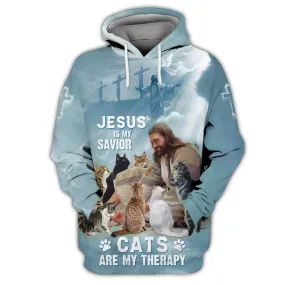 3D All Over Print Cat And Jesus Hoodie, Jesus Is My Savior, Cats are My Therapy Sweatshirt, Cat Tee Shirt