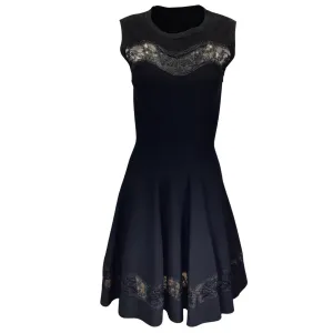 Alaia Black Lace Trimmed Sleeveless Flared Knit Dress