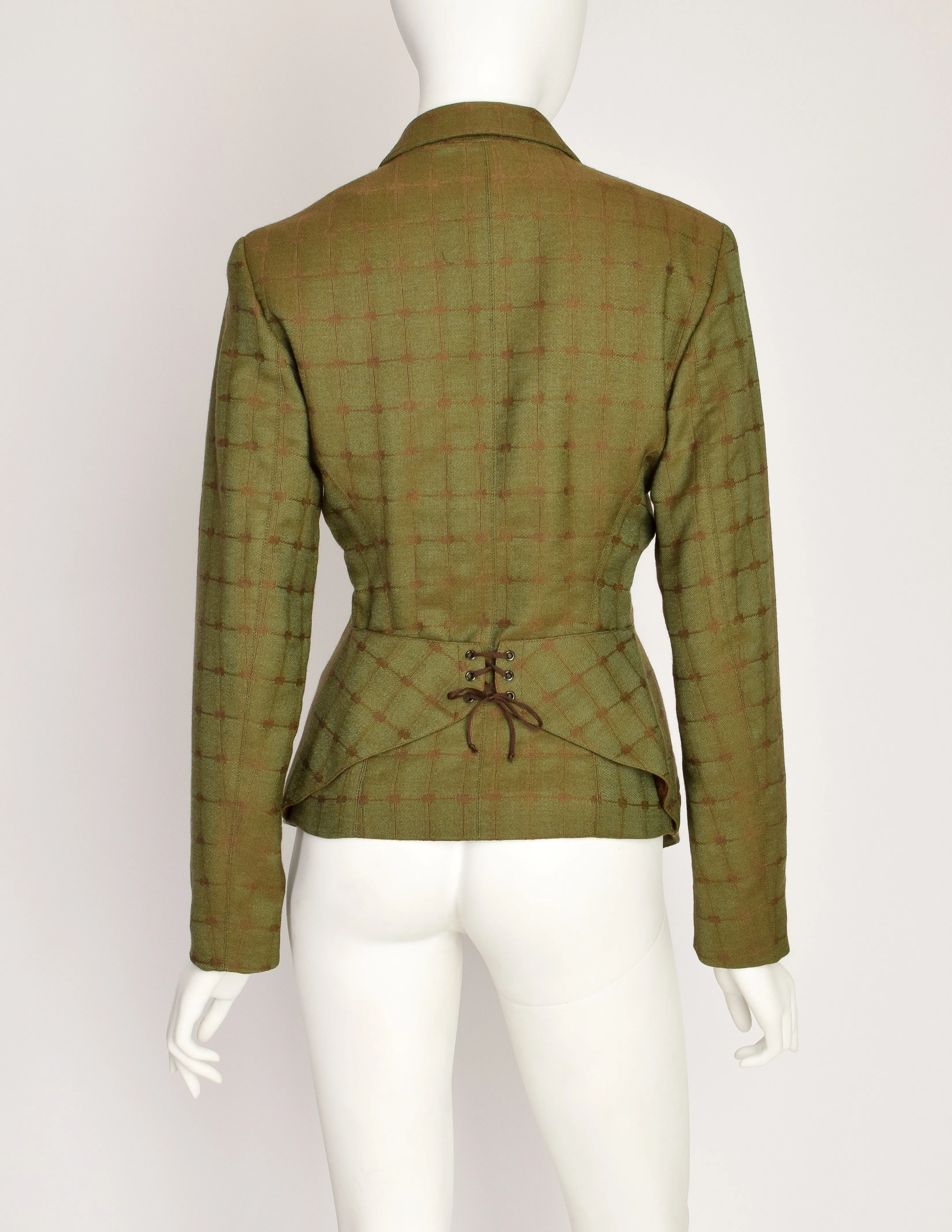 Alaia Vintage 1990 Green Brown Lace Up Back Wool Jacquard Blazer Jacket