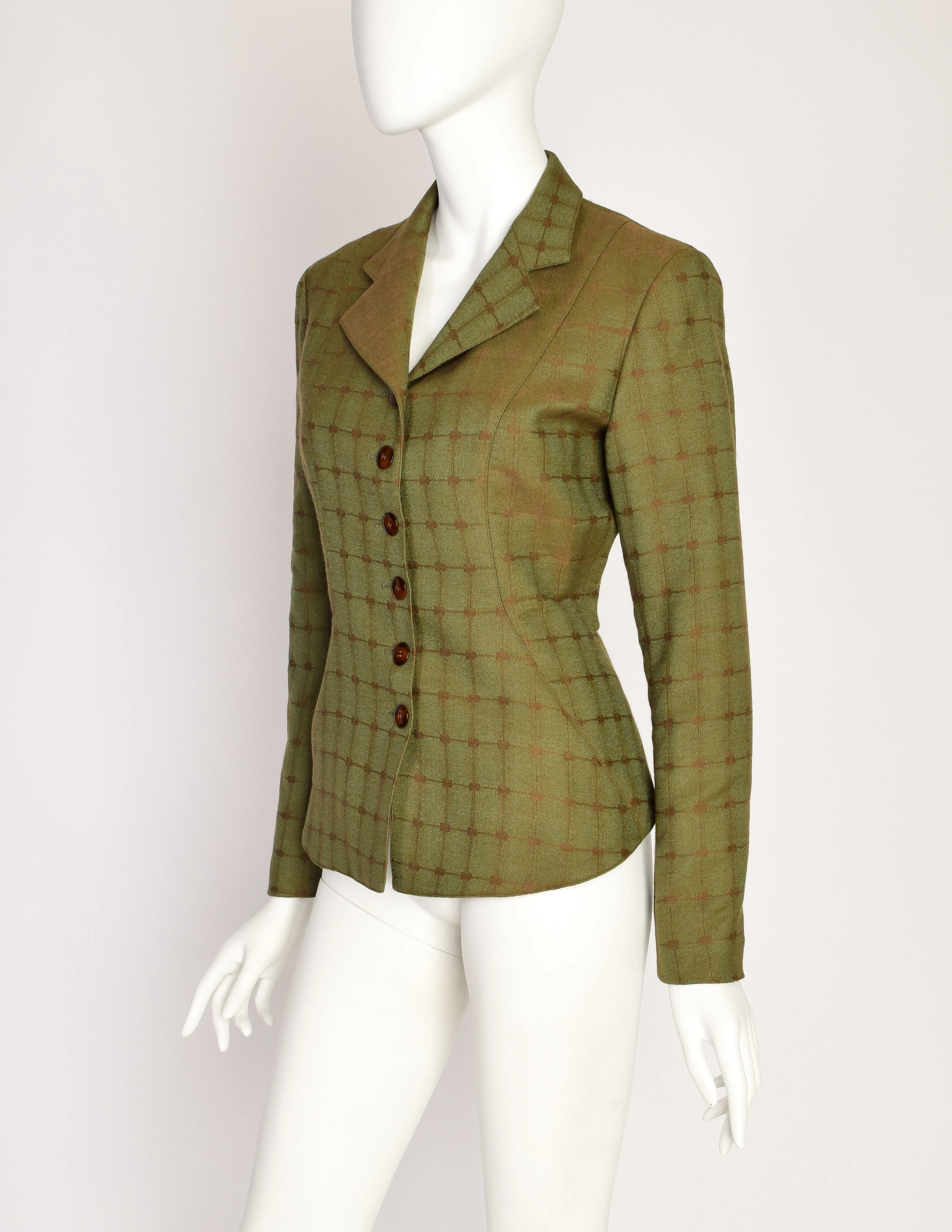 Alaia Vintage 1990 Green Brown Lace Up Back Wool Jacquard Blazer Jacket