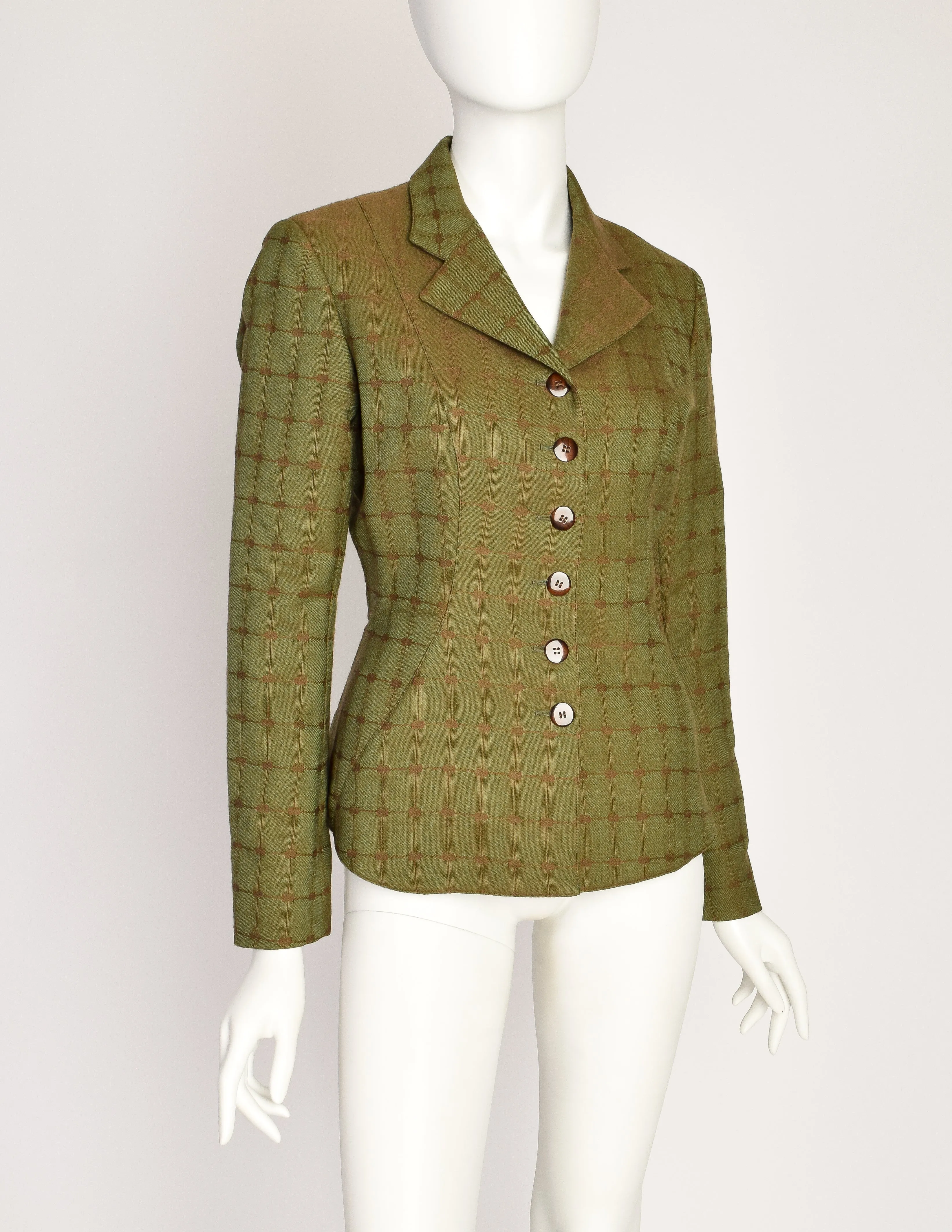 Alaia Vintage 1990 Green Brown Lace Up Back Wool Jacquard Blazer Jacket