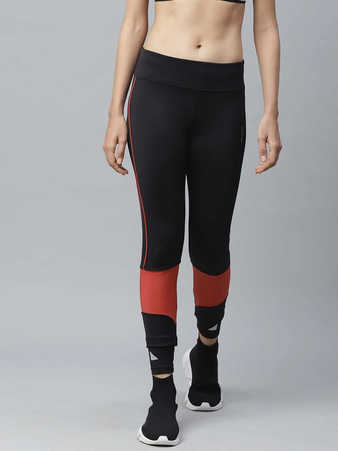 Alcis Women Black Rust Orange Colourblocked Fitted Cropped Running Tights