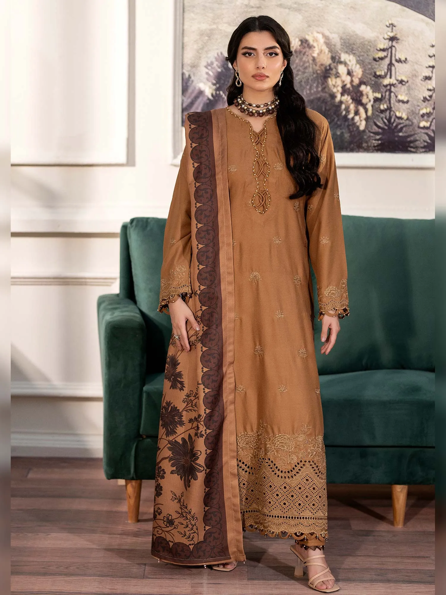 Ally's Dhanak Chikankari Camel Brown 3-Piece Suit (AL-DNK43)