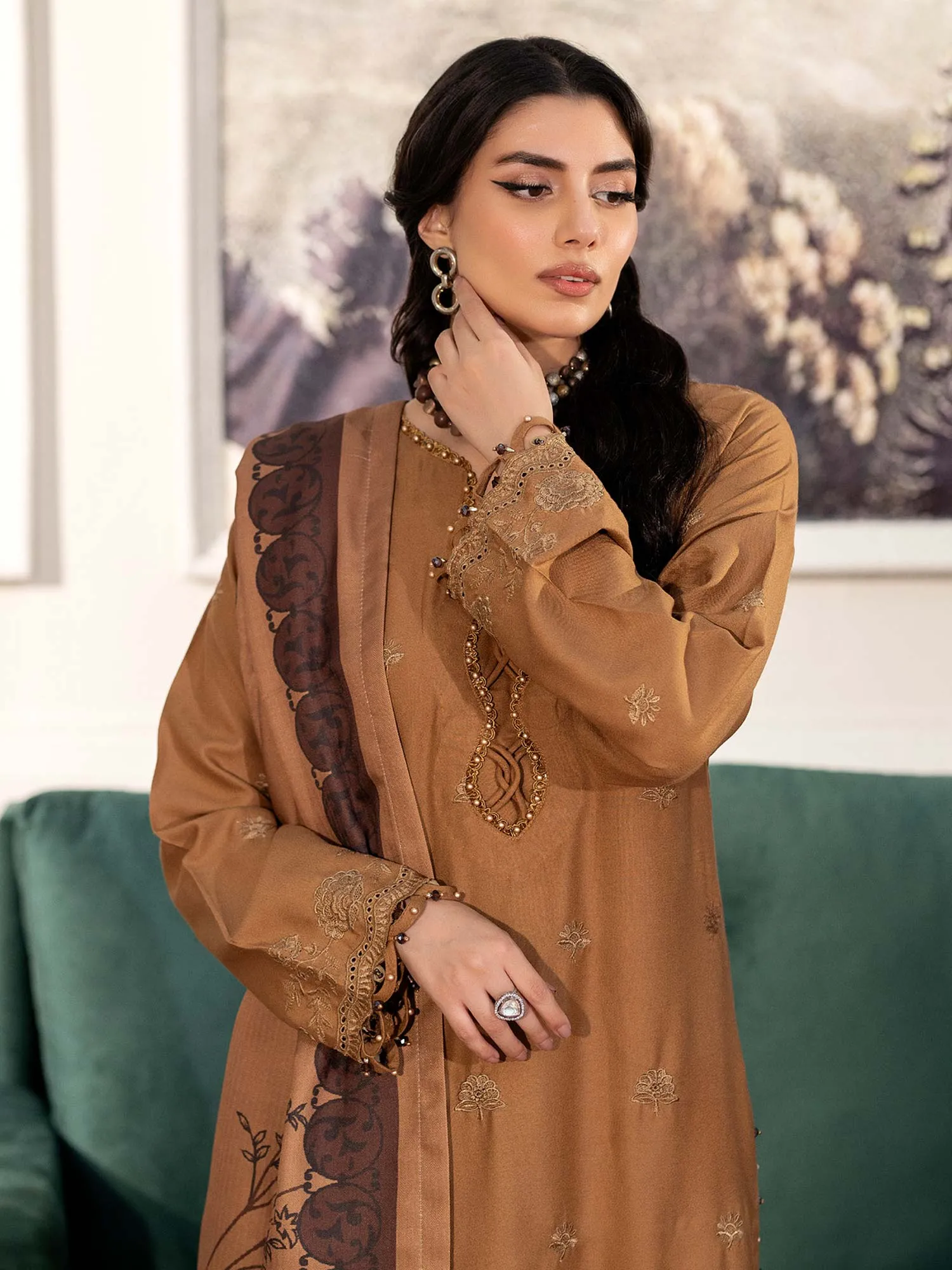 Ally's Dhanak Chikankari Camel Brown 3-Piece Suit (AL-DNK43)