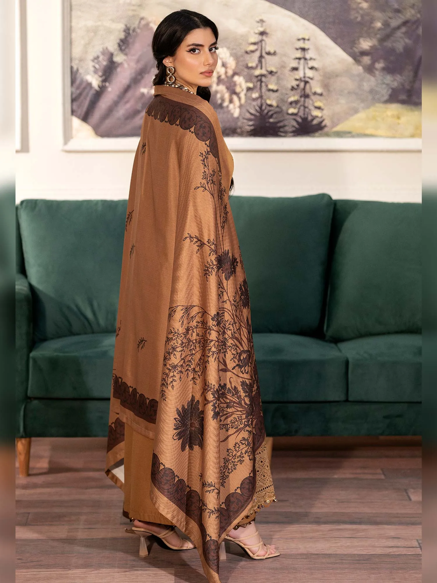 Ally's Dhanak Chikankari Camel Brown 3-Piece Suit (AL-DNK43)