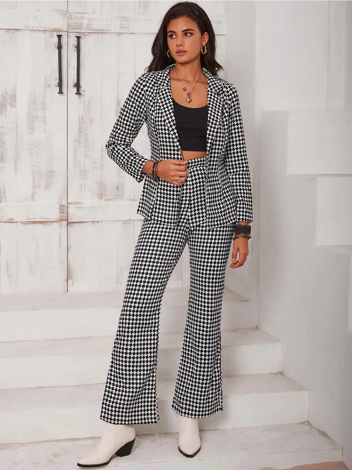 Ana Lisa Checkered Blazer & Slit Pants Set