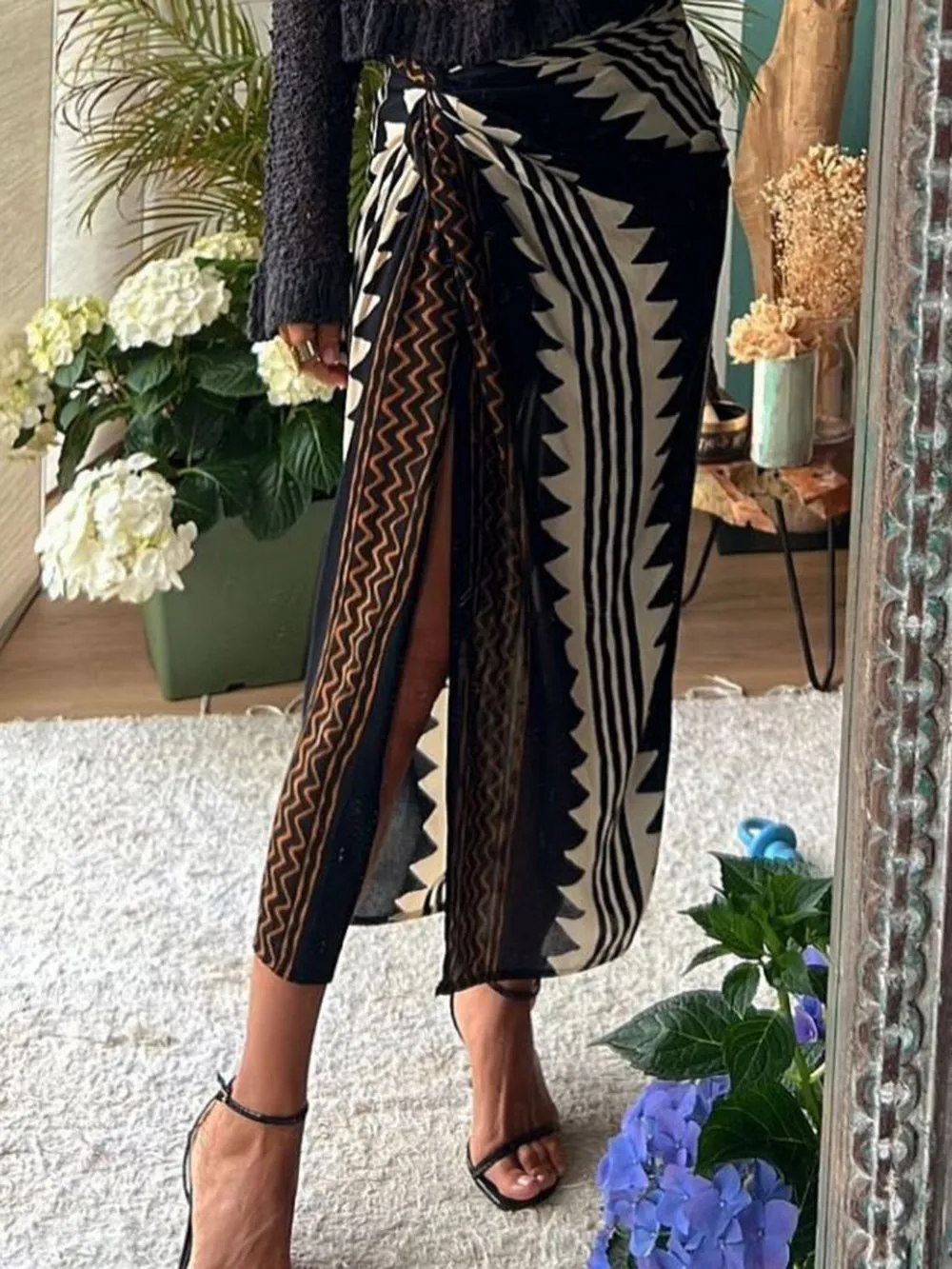 Astra Ethnic Print High Waist Ruched Wrap Maxi Skirt