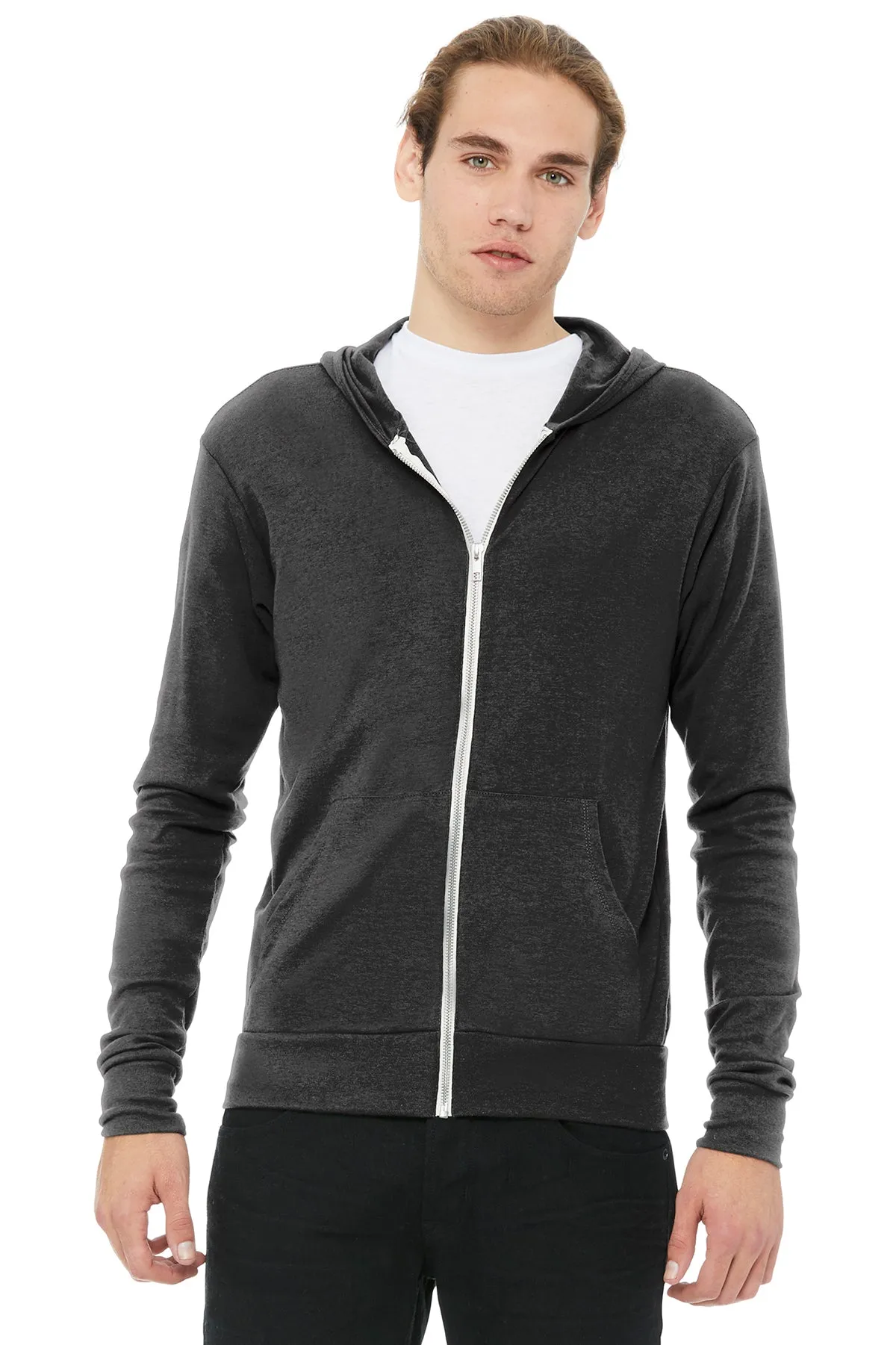 Bella Canvas Unisex Triblend Full-Zip Lightweight Hoodie, Charcoal Black