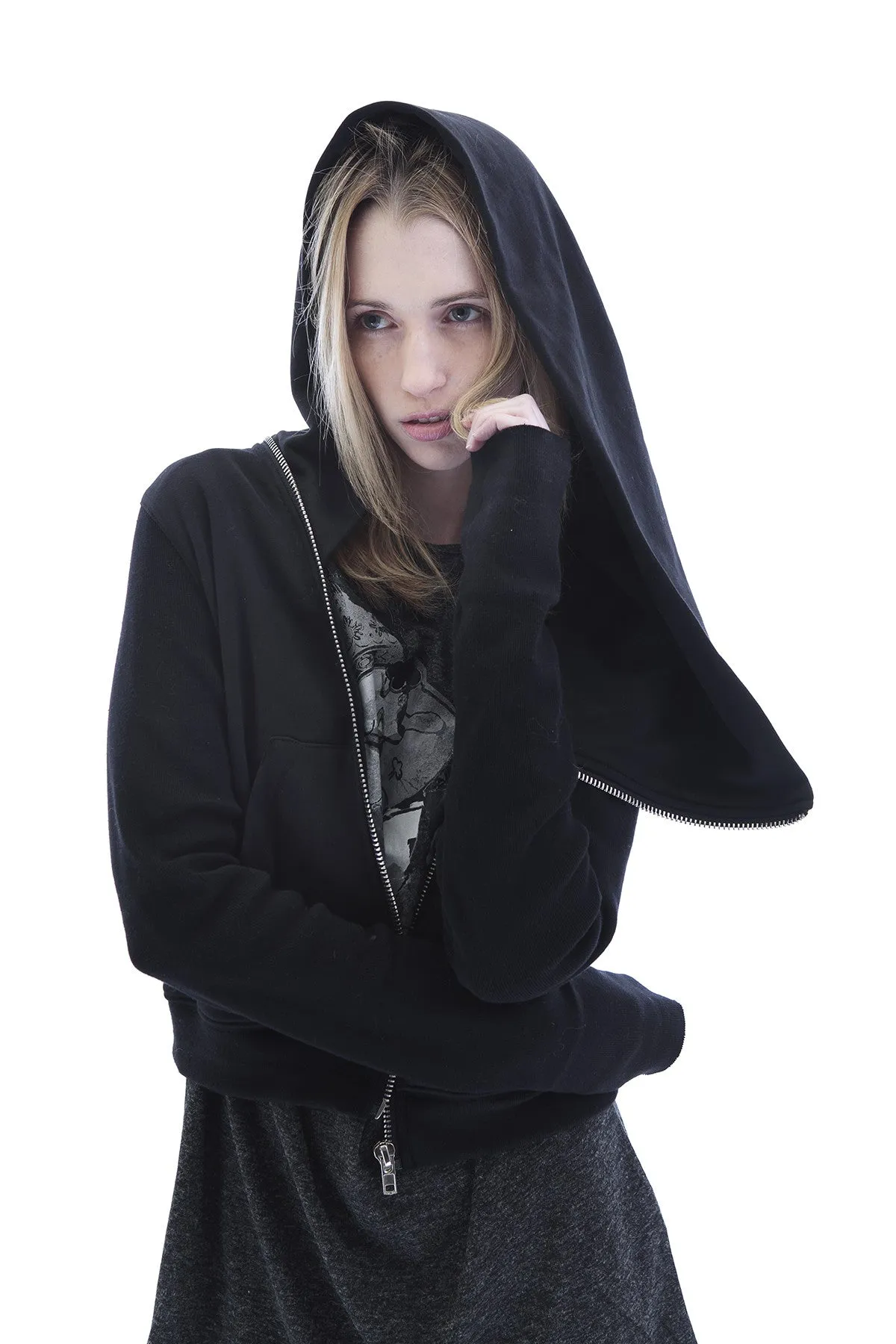 Black Assimetric Zip Collar Cotton Fleece Hood Sweatshirt Dark