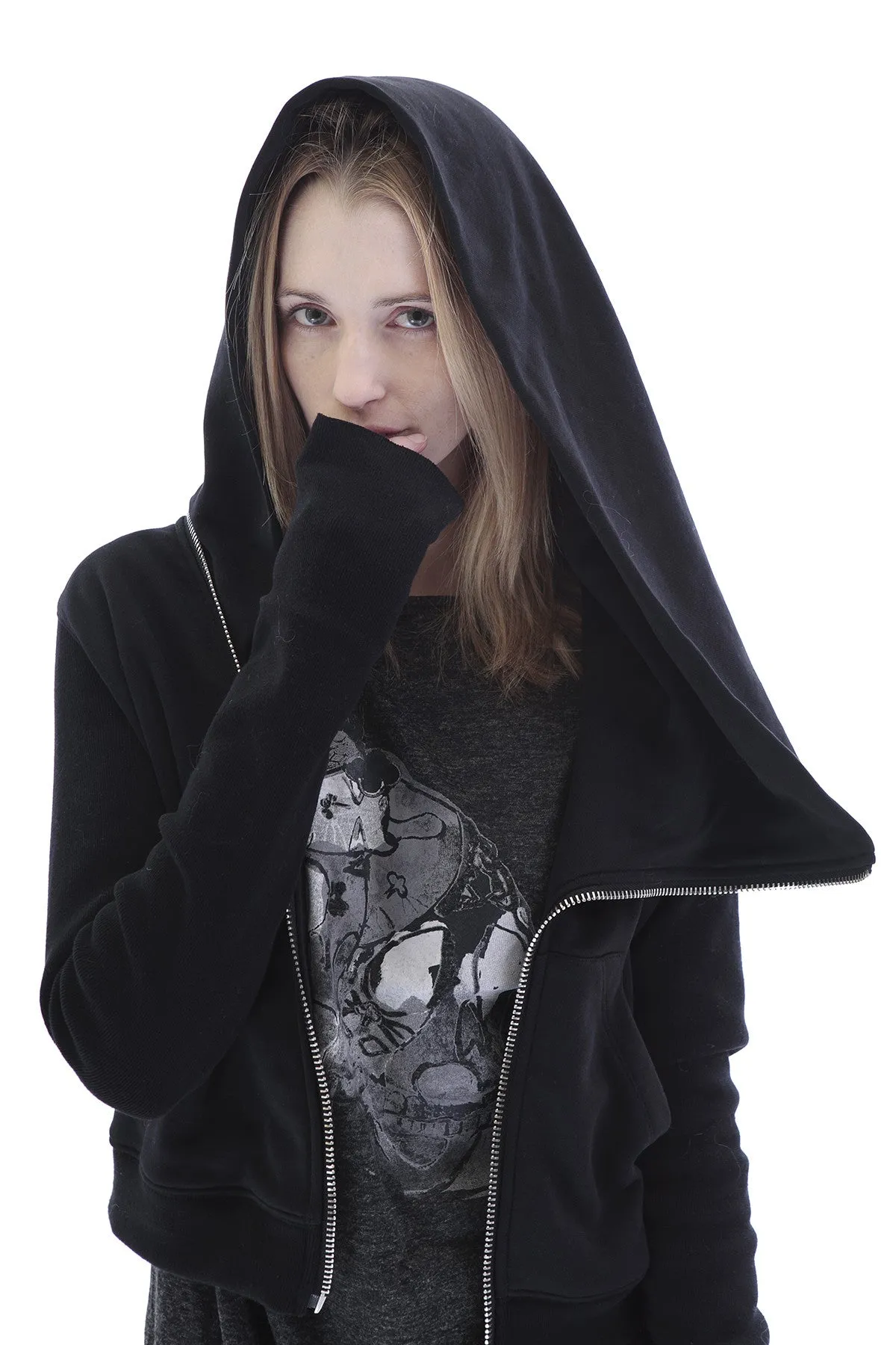 Black Assimetric Zip Collar Cotton Fleece Hood Sweatshirt Dark