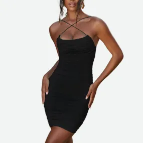 Black Bodycon Mini Dress | Mesh Ruched