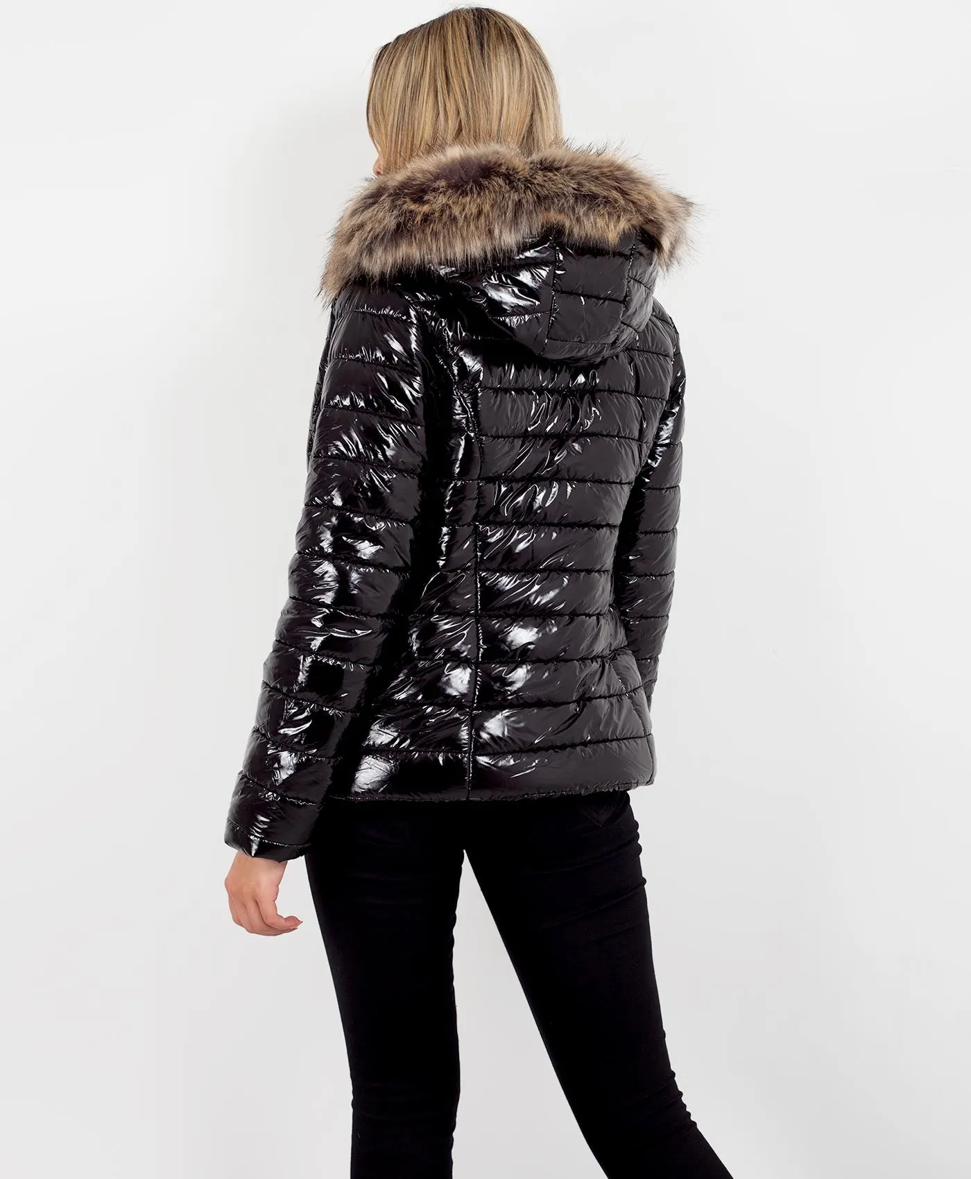 Black Faux Fur Hood Shiny Wet Look Quilted Puffer Jacket