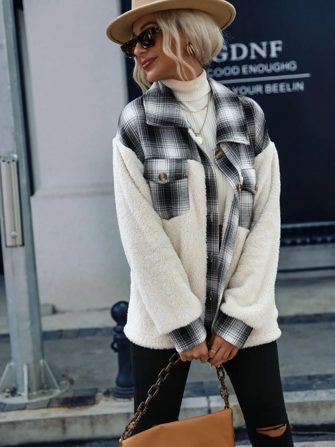 Bohemian Fuzzy Plaid Collared Neck Button Down Jacket