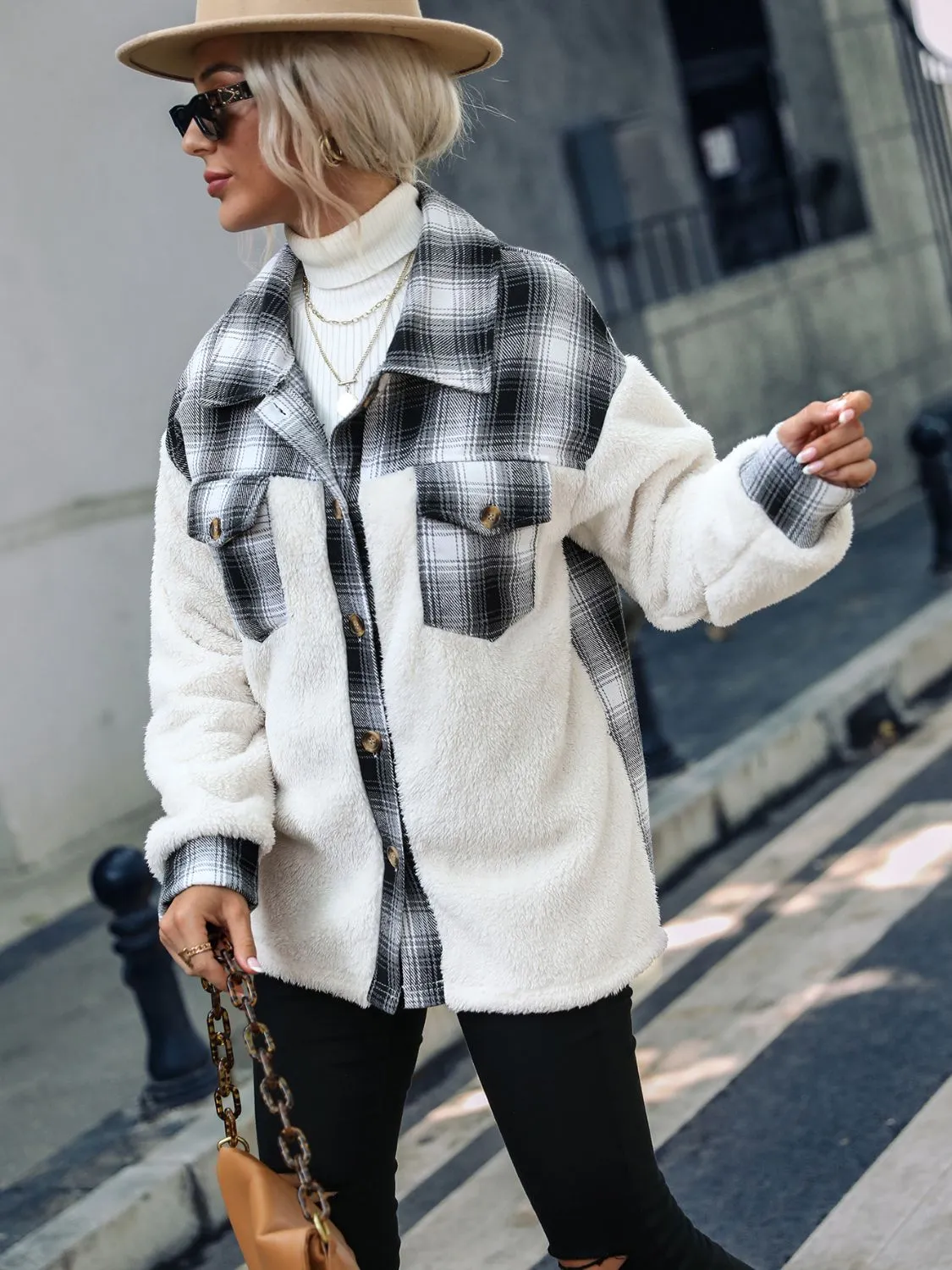 Bohemian Fuzzy Plaid Collared Neck Button Down Jacket