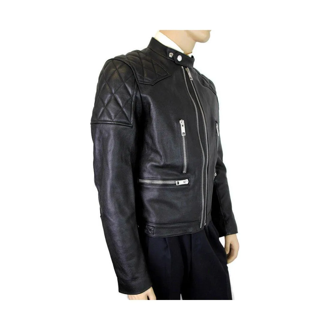 Burberry Men's Black Leather Diamond Quilted Biker Jacket