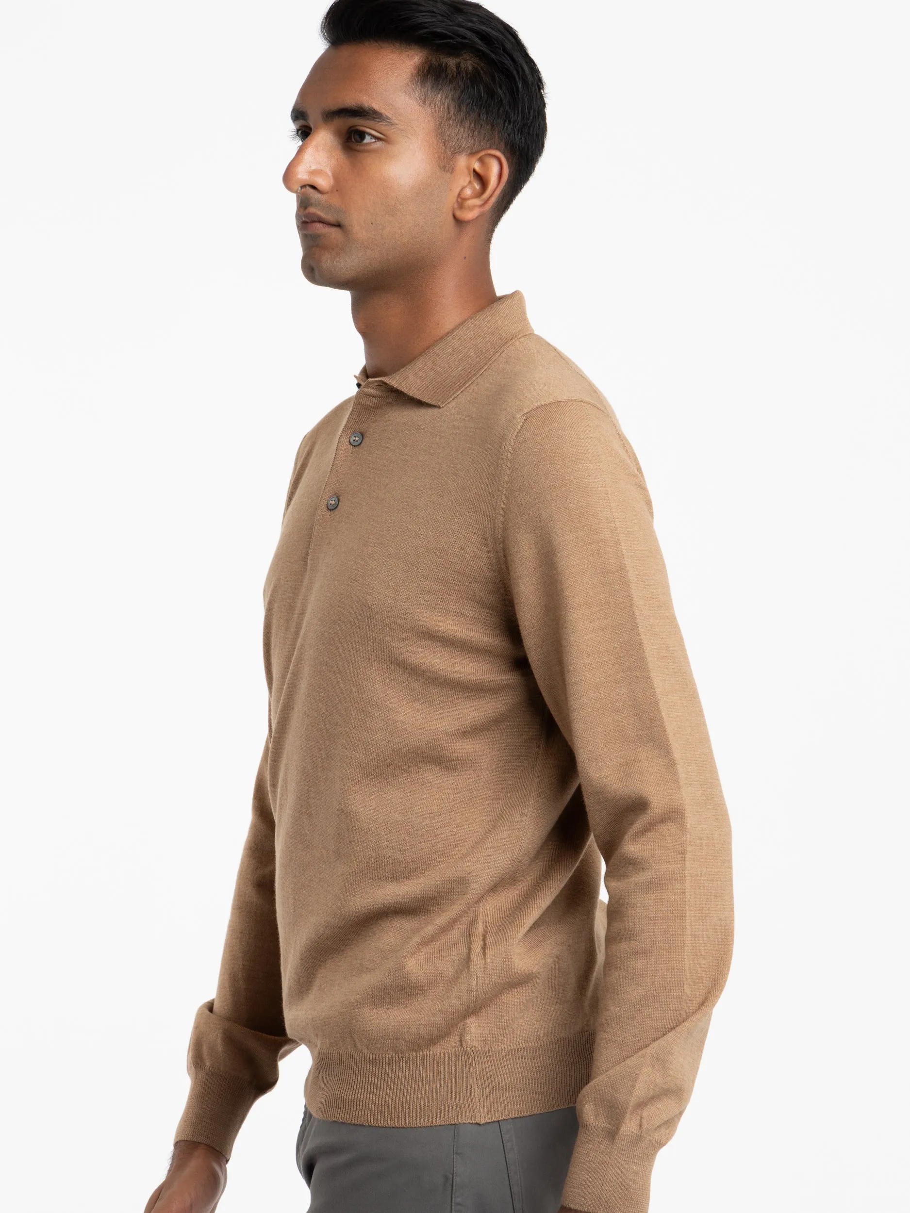 Camel Brown Extra Fine Merino Wool Polo Shirt