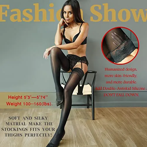 CHARFOX Thigh High Stockings , Women's Sheer Highs with Silicone Lace Top, Shiny Stay Up Silk Lingerie Stockings for Dating Black