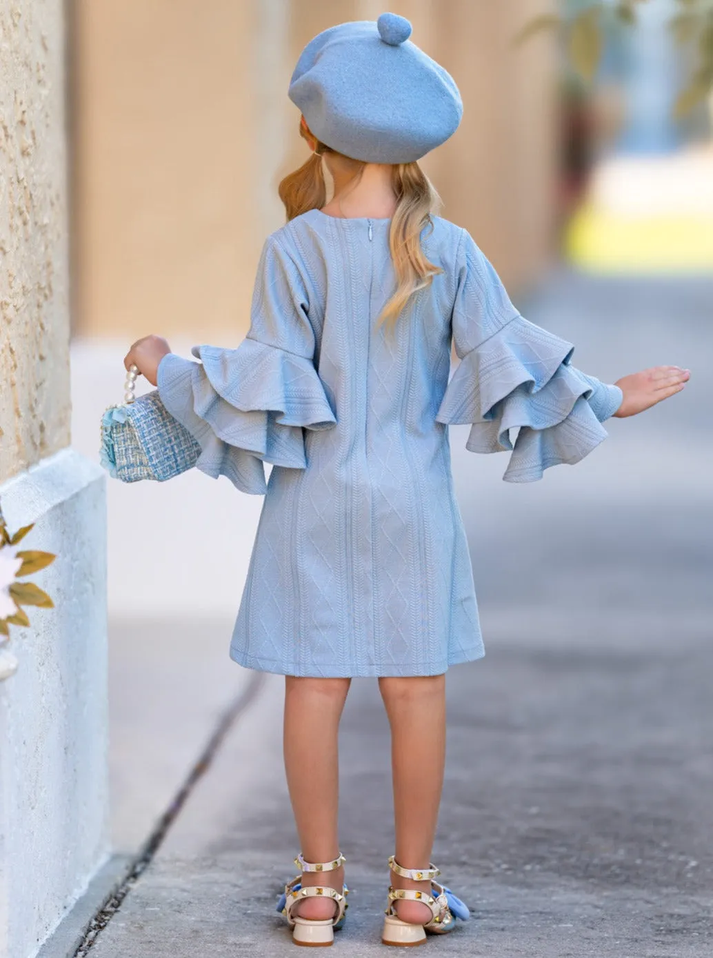 Charming Blue Ruffle Sleeve Cable Knit Sweater Dress