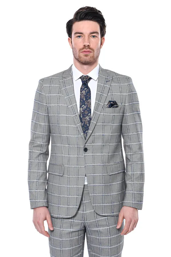 Checked Slim-Fit Grey Men Blazer - Wessi