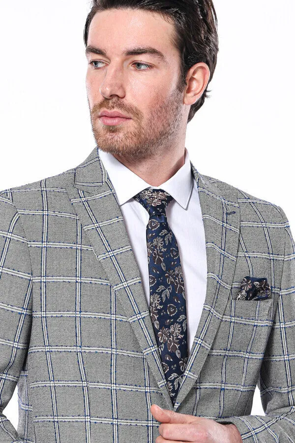 Checked Slim-Fit Grey Men Blazer - Wessi