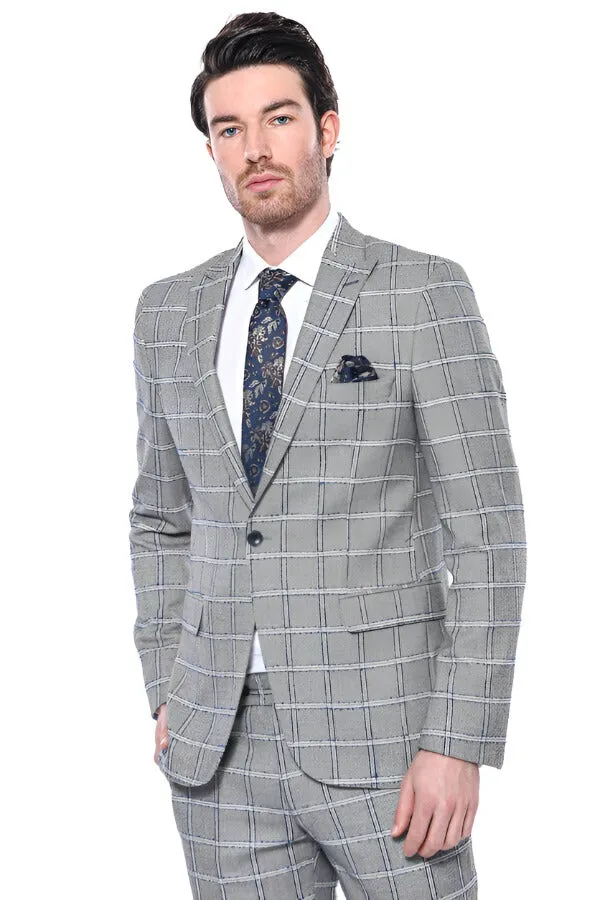 Checked Slim-Fit Grey Men Blazer - Wessi