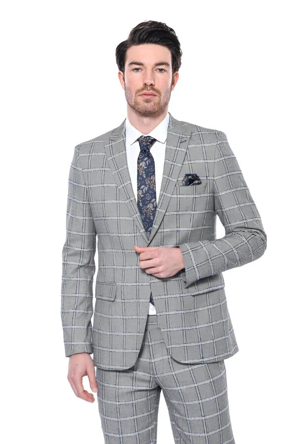 Checked Slim-Fit Grey Men Blazer - Wessi