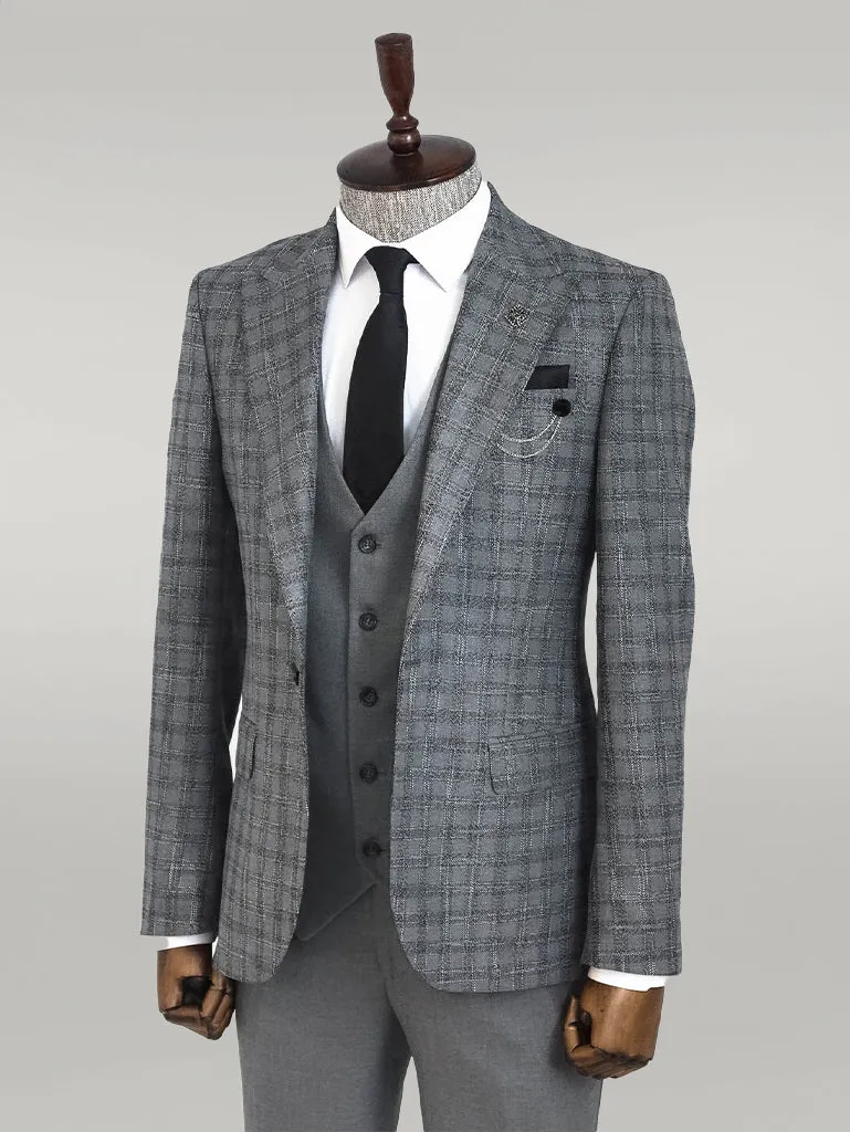 Checked Vested Grey Men Suit - Wessi