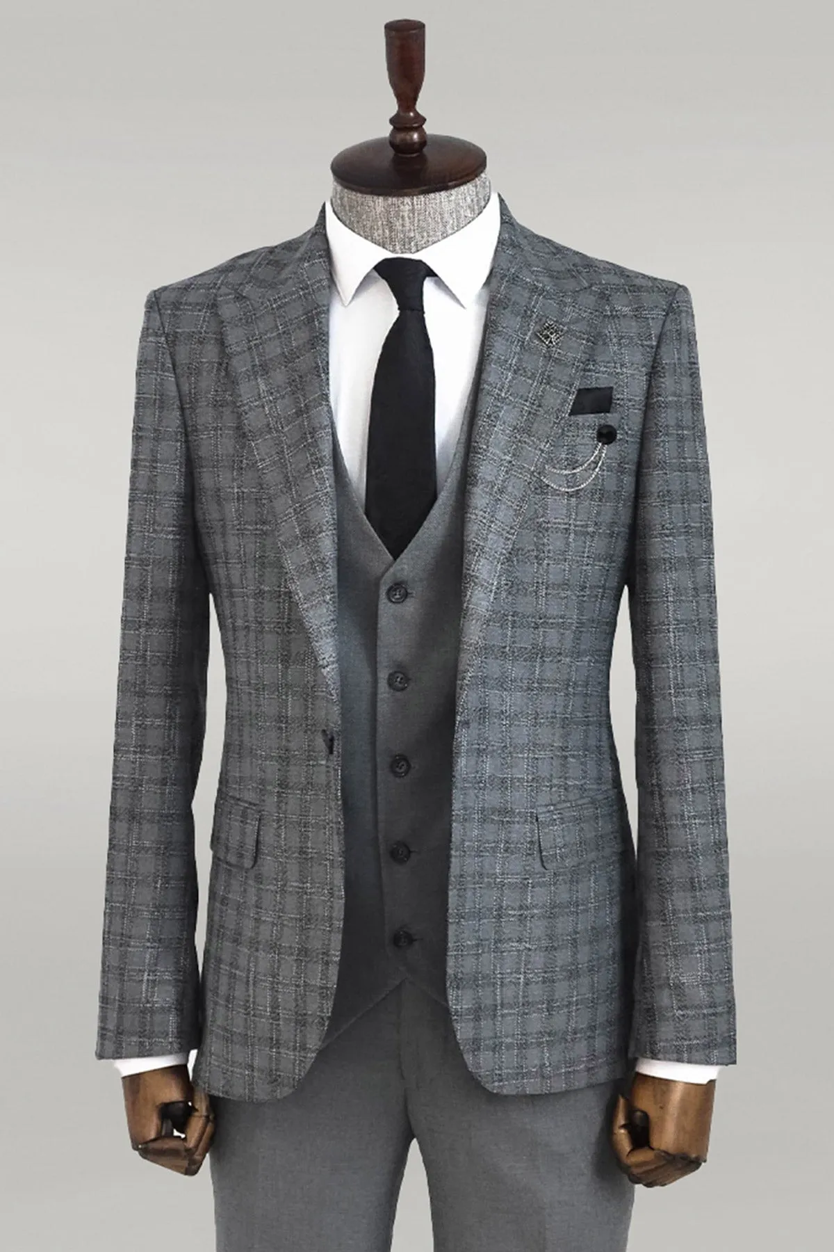 Checked Vested Grey Men Suit - Wessi