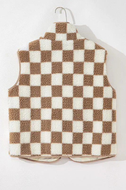 Checkered Sherpa Collared Jacket Vest