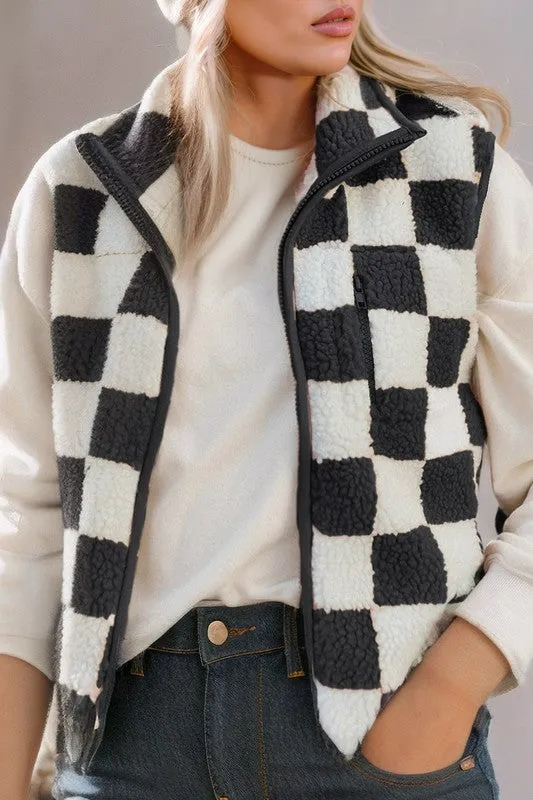 Checkered Sherpa Collared Jacket Vest