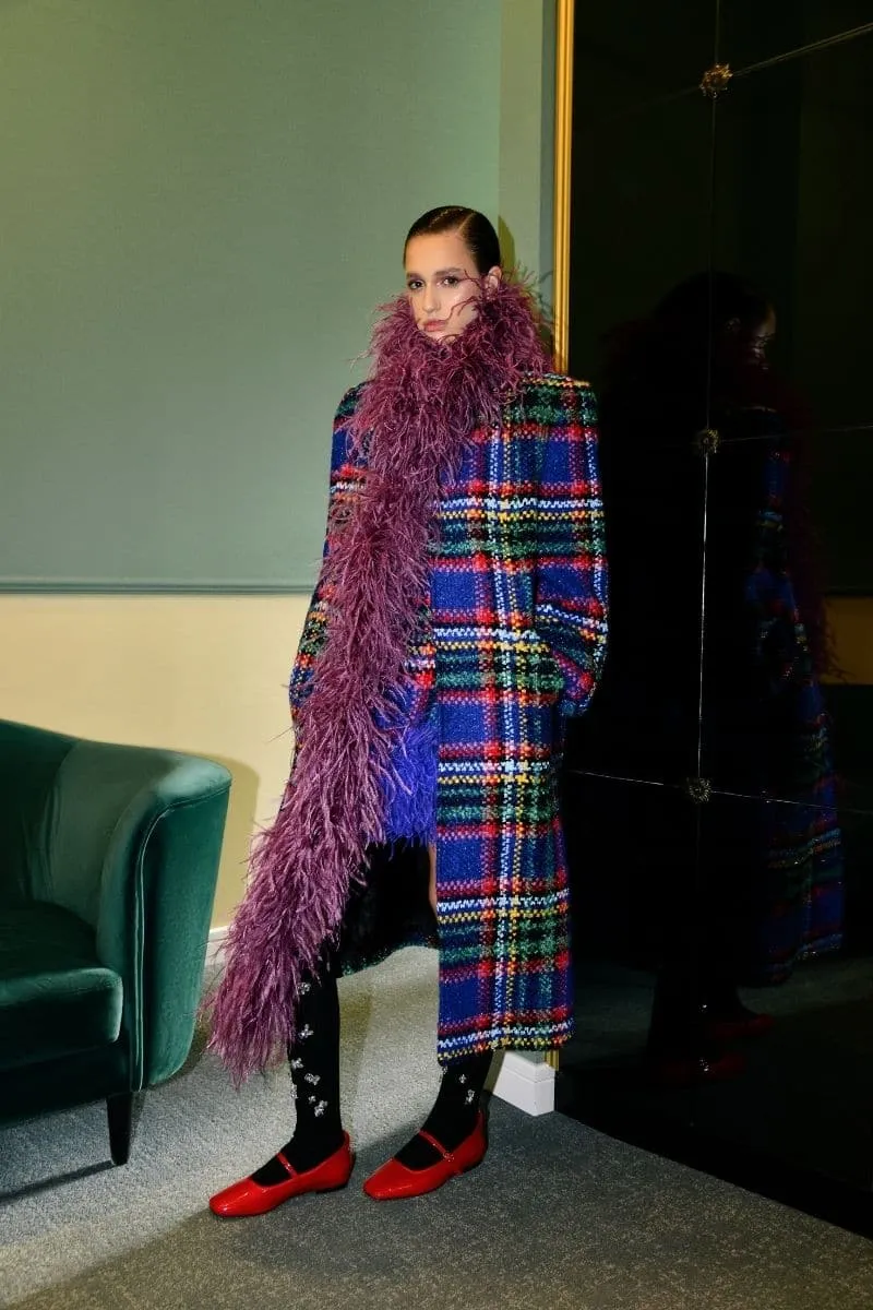 CHECKERED TWEED BOA PURPLE COAT