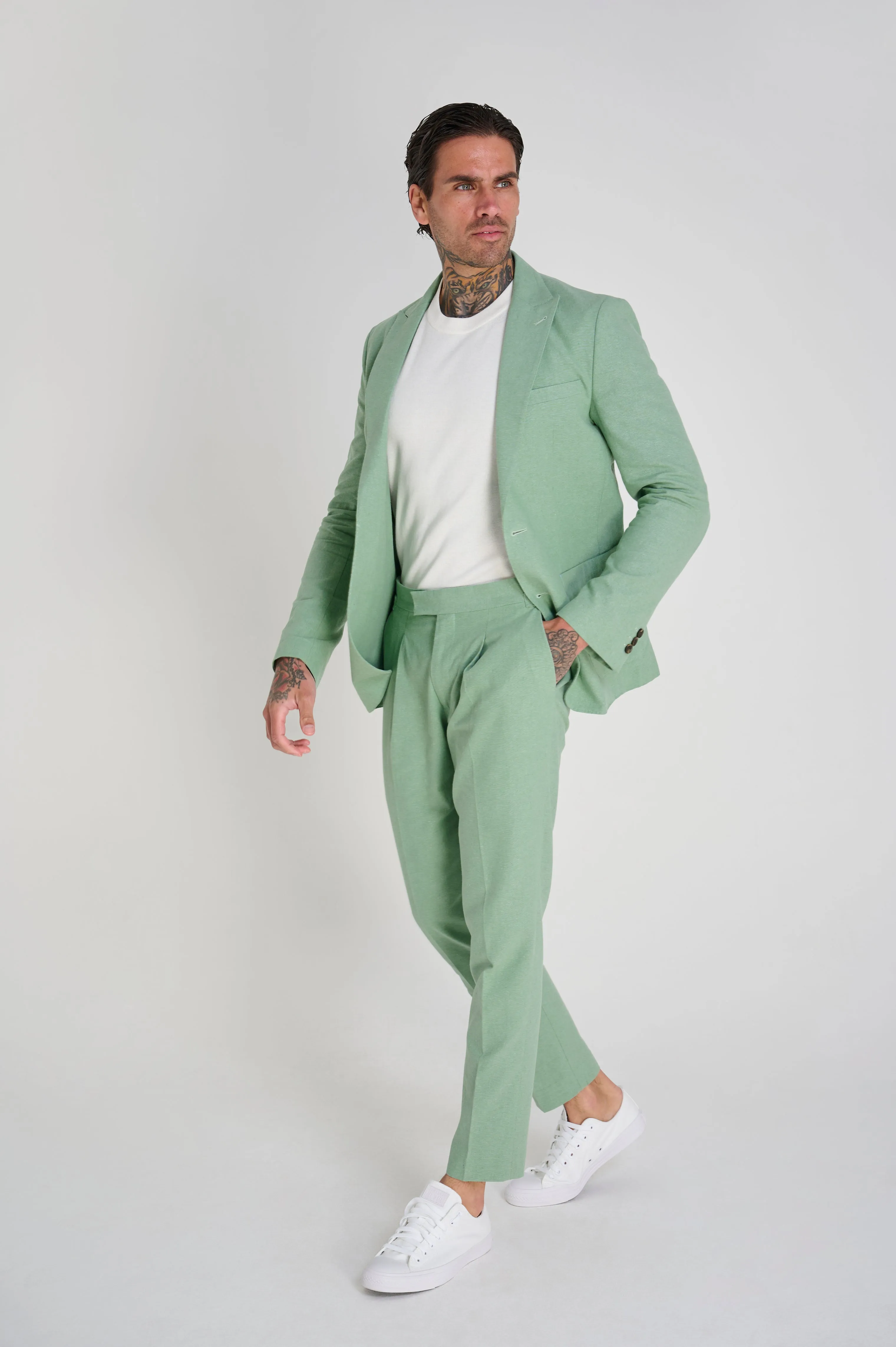 Chris Slim Fit Linen Cotton Blend Single Breasted Suit Blazer in Pastel Green