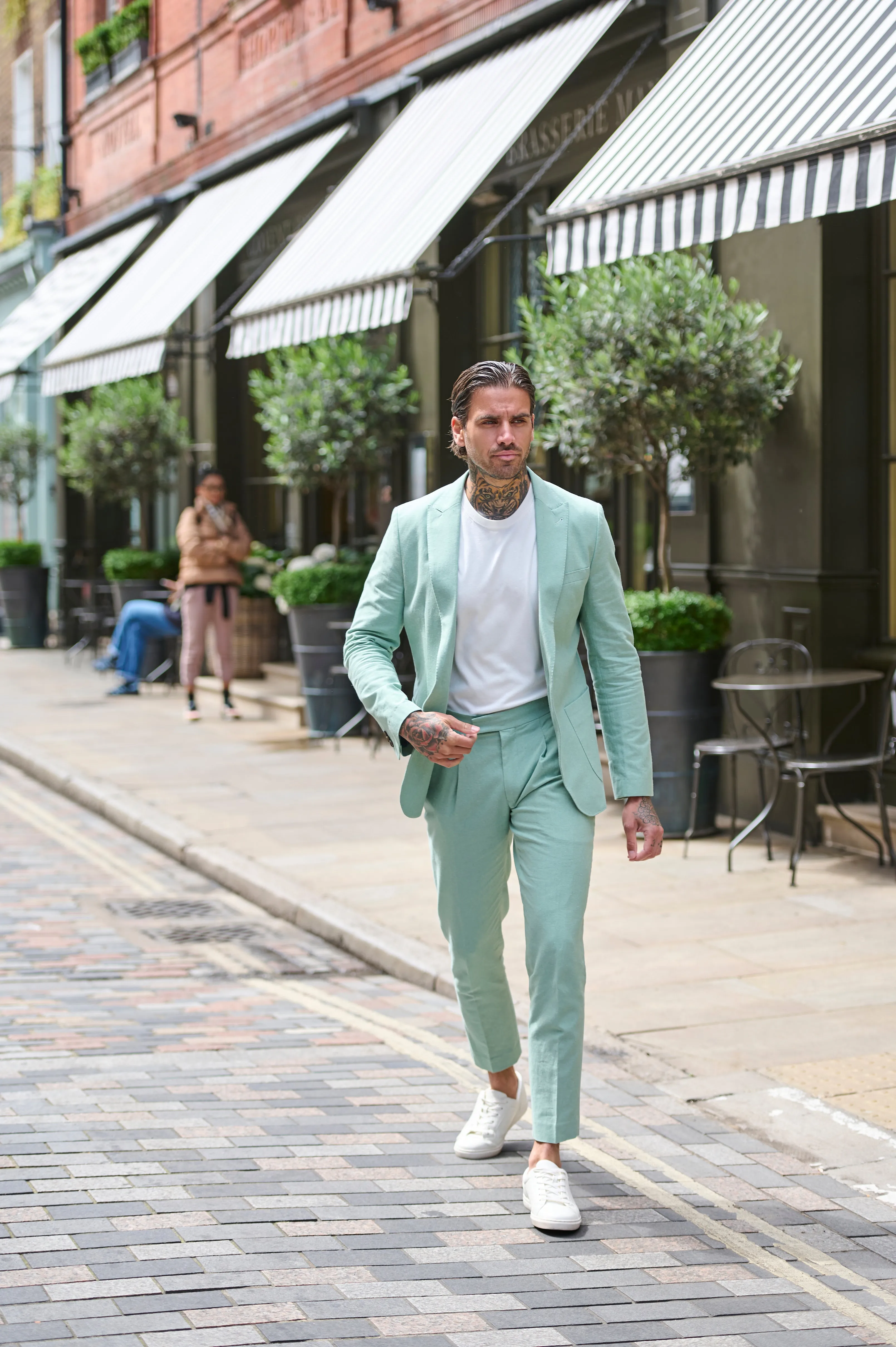 Chris Slim Fit Linen Cotton Blend Single Breasted Suit Blazer in Pastel Green