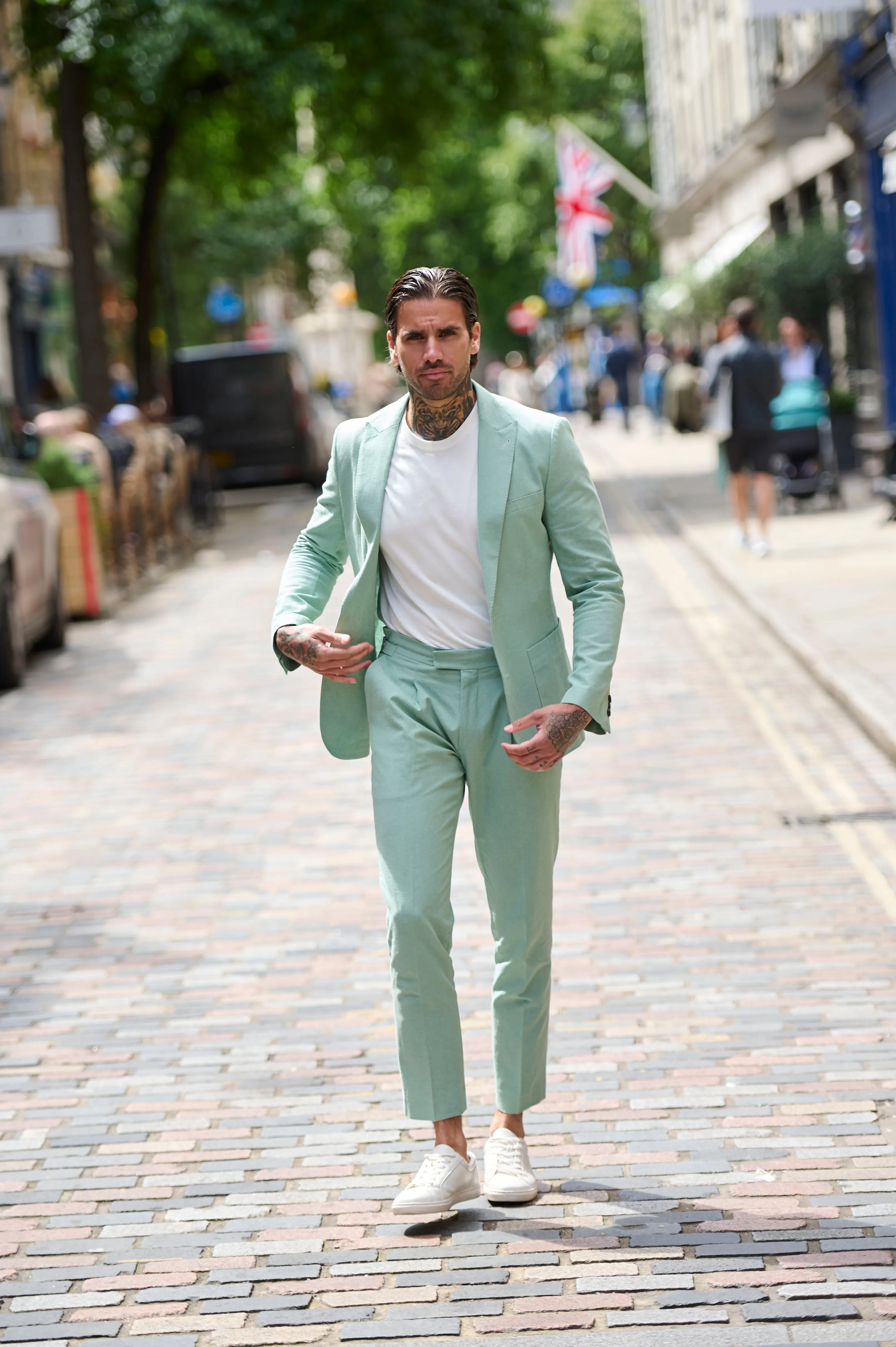 Chris Slim Fit Linen Cotton Blend Single Breasted Suit Blazer in Pastel Green