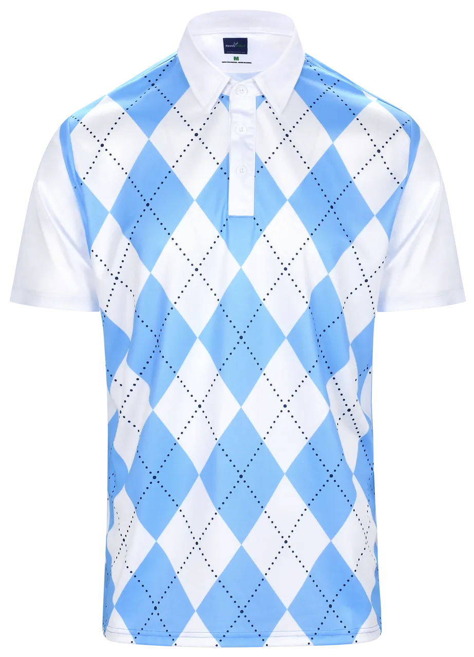 Classic Argyle Sky Blue & White Mens Golf Polo Shirt by ReadyGOLF