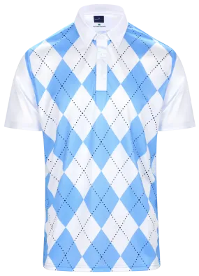 Classic Argyle Sky Blue & White Mens Golf Polo Shirt by ReadyGOLF