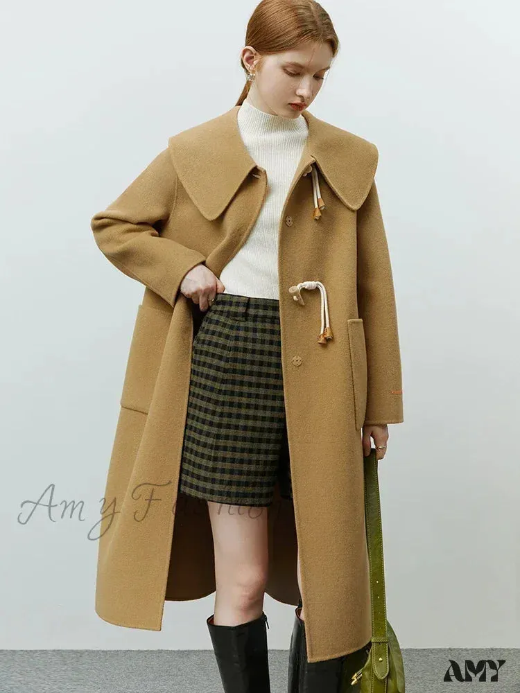 College Style Horn Button Vintage Large Collar Double-sided Long Pure Woolen Coat