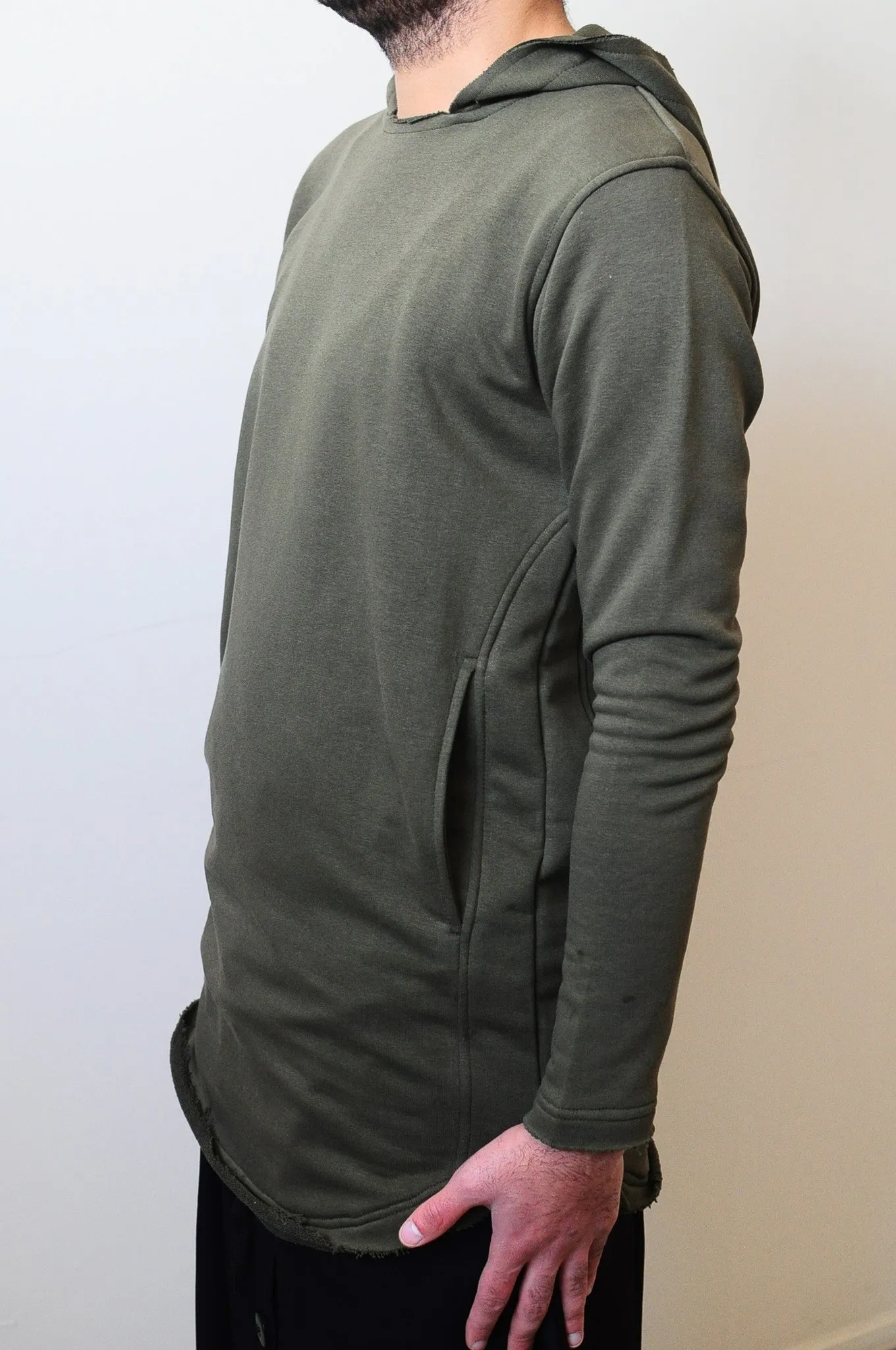 Cotton Wide Round Neck Asymmetric Raw Cut Seam Detail Sweaters Hoodie