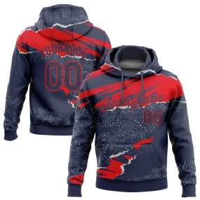 Custom Stitched Navy Fire Red 3D Pattern Design Torn Paper Style Sports Pullover Sweatshirt Hoodie