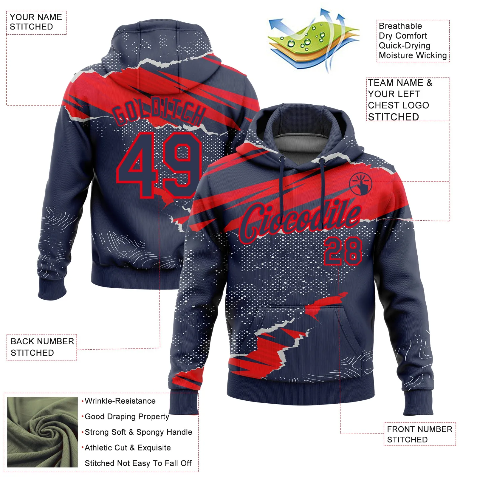 Custom Stitched Navy Fire Red 3D Pattern Design Torn Paper Style Sports Pullover Sweatshirt Hoodie