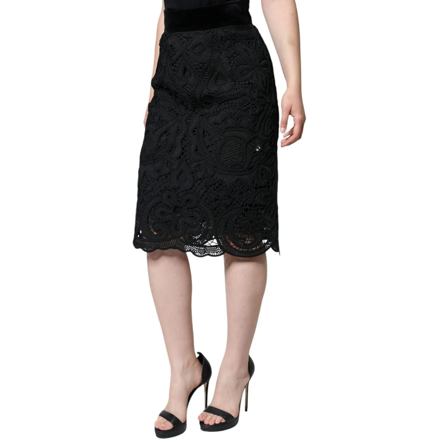 Dolce & Gabbana Black Floral Lace High Waist Pencil Cut Skirt