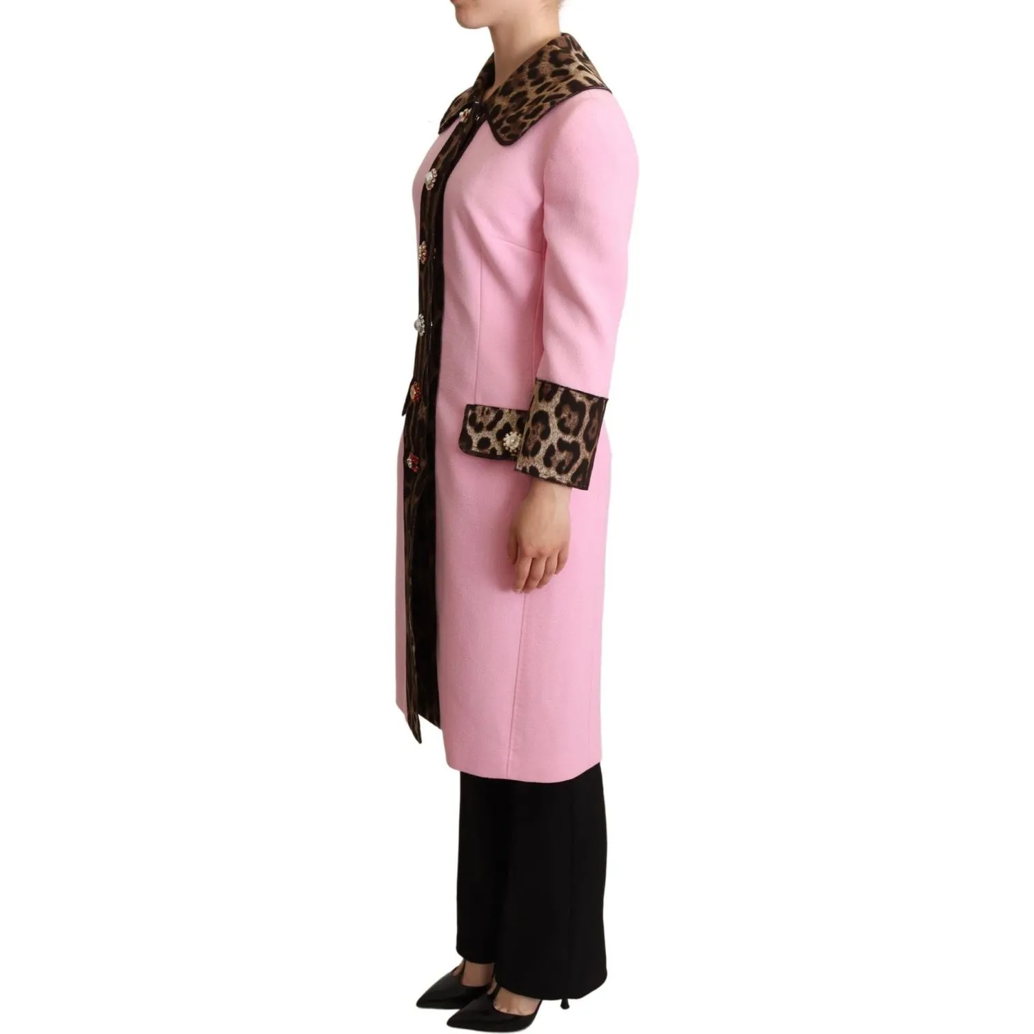 Dolce & Gabbana Chic Pink Leopard Trench with Crystal Buttons