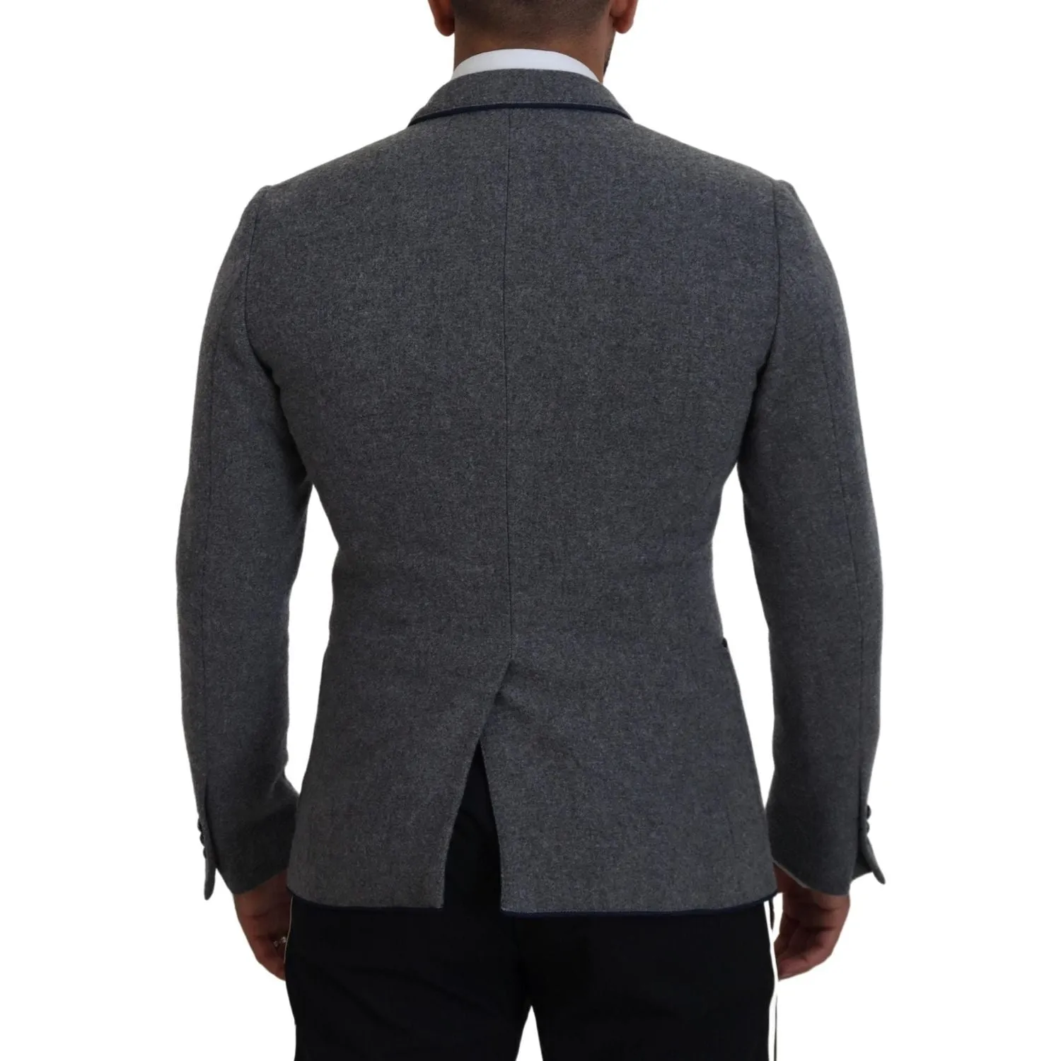 Dolce & Gabbana Elegant Gray Wool Blazer with Blue Rose Embroidery