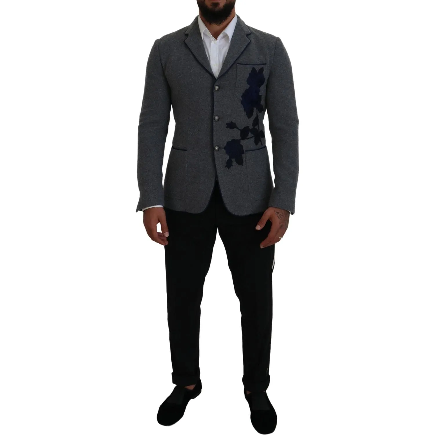 Dolce & Gabbana Elegant Gray Wool Blazer with Blue Rose Embroidery