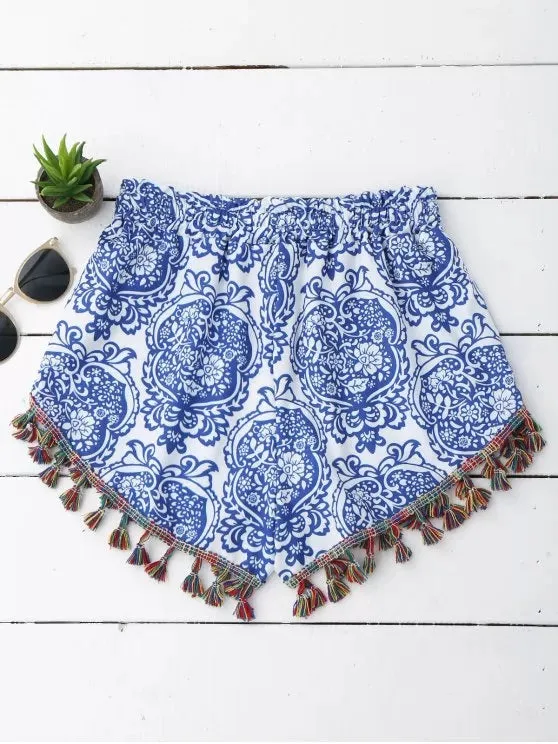 Fashion Printed Ethnic Tassels Shorts