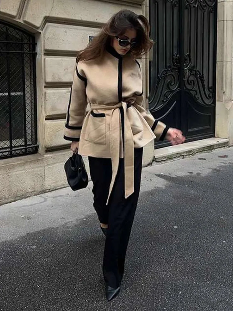 Fashionkova New Spliced Contrast Woolen Coat Women Long Sleeve Thicken Jacket with Belt Pockets 2024 Autumn Casual Ladies Commuter Outwear