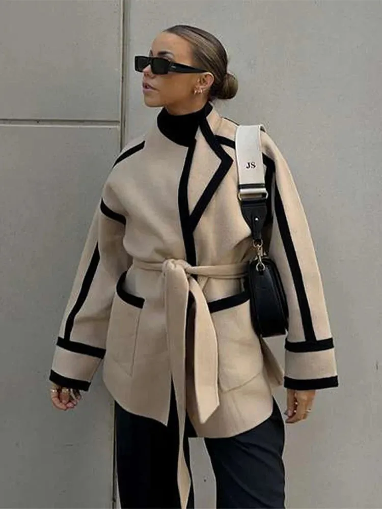 Fashionkova New Spliced Contrast Woolen Coat Women Long Sleeve Thicken Jacket with Belt Pockets 2024 Autumn Casual Ladies Commuter Outwear