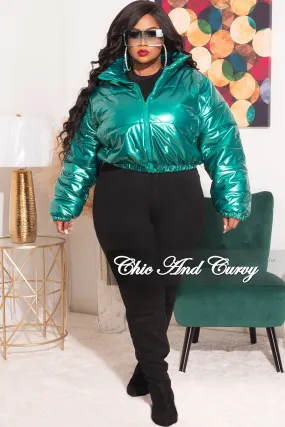 Final Sale Plus Size Shiny Crop Puffer Jacket in Green