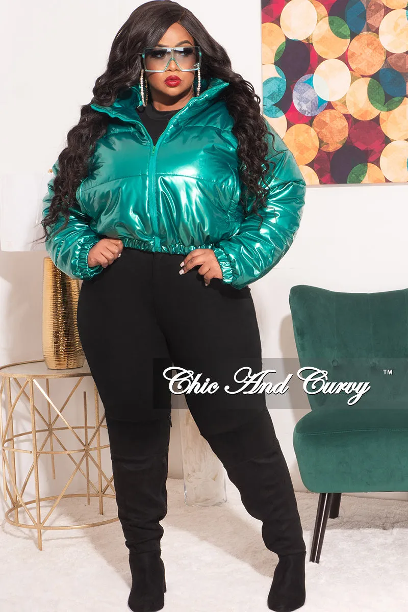 Final Sale Plus Size Shiny Crop Puffer Jacket in Green