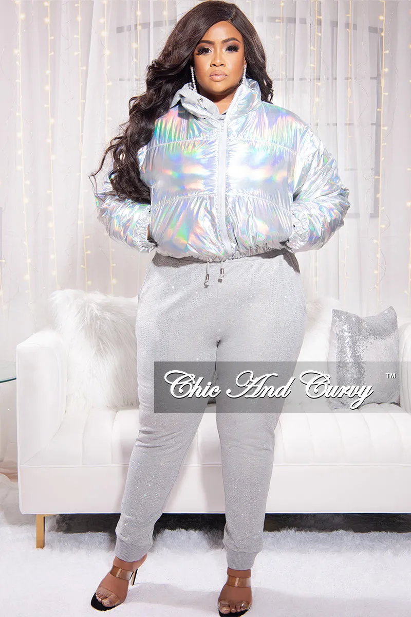 *Final Sale Plus Size Shiny Crop Puffer Jacket in Silver Iridescent Love